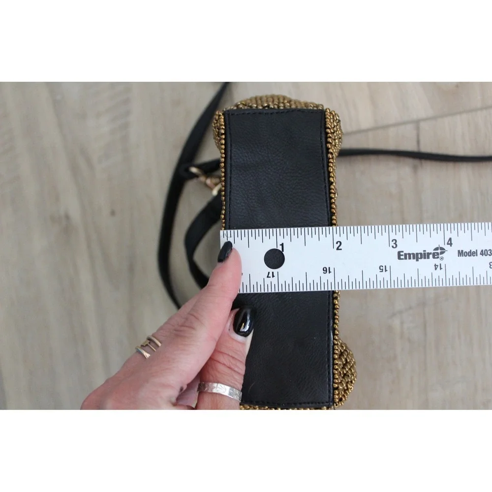Free People Beaded Embellished Crossbody Bag Black Gold Pearl Crystal Boho Small
